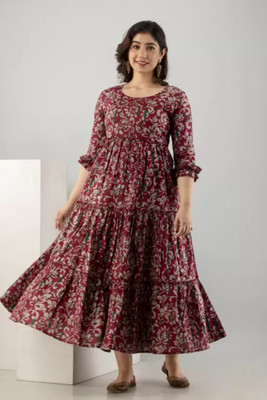 SHANSH Women A-line Maroon Ankle Length Dress