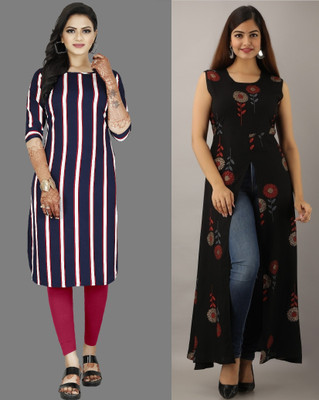 tanvi creation Women Striped Straight Kurta(Black, Purple)