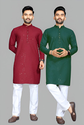 Keton Men Embroidered Straight Kurta(Maroon, Green)