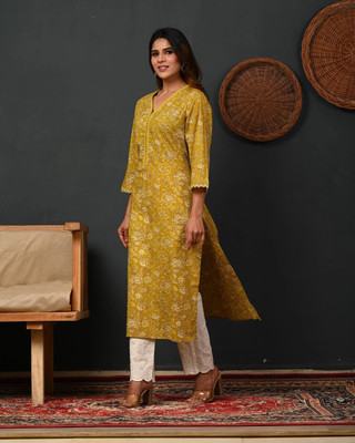 supyar taxtil Women Printed A-line Kurta(Yellow)