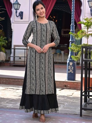 HATHELI Women Abstract Straight Kurta(Black)