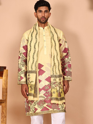 Jompers Men Embroidered Straight Kurta(Yellow)
