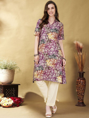 ANOUK Men Floral Print Straight Kurta(Pink)