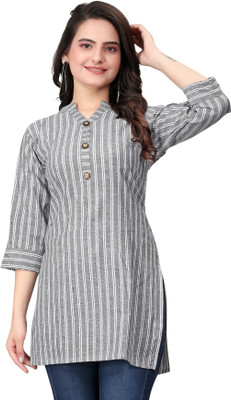 FABTOWN Women Striped Straight Kurta(Grey)