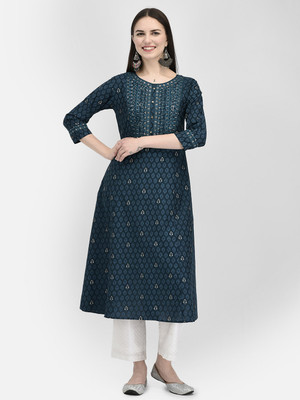 Span Women Self Design A-line Kurta(Dark Blue)