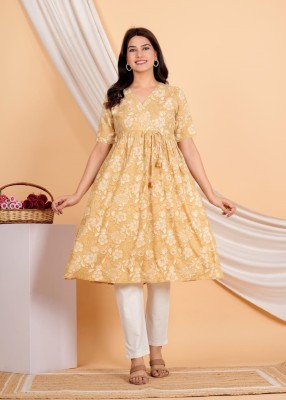 Kwast Women Floral Print Flared Kurta(Yellow)