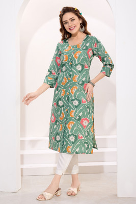 Keshubaba Women Printed Straight Kurta(Green)