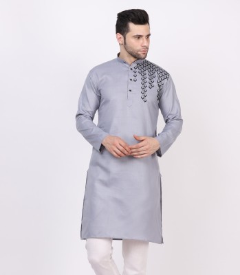 TABROONN Men Embroidered, Chikan Embroidery, Self Design, Printed Straight Kurta(Grey)