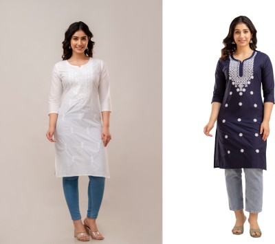 Gundia Fashion Women Embroidered Straight Kurta(Dark Blue, White)