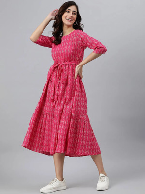Demirner Women Printed Flared Kurta(Yellow)