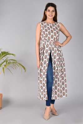 Ramakin Women Printed Frontslit Kurta(White)