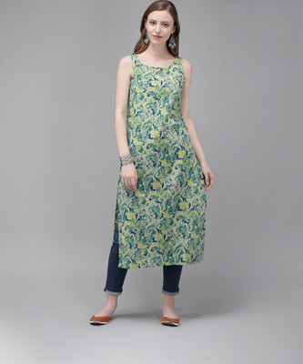 Amudee Fashion Women Floral Print Straight Kurta(White, Blue)