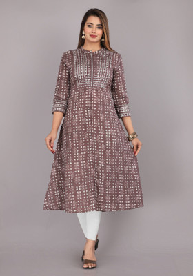 Kriftee Women Printed A-line Kurta(Brown)