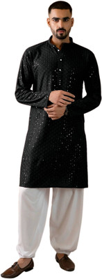 click n buy Men Embroidered Straight Kurta(Black)