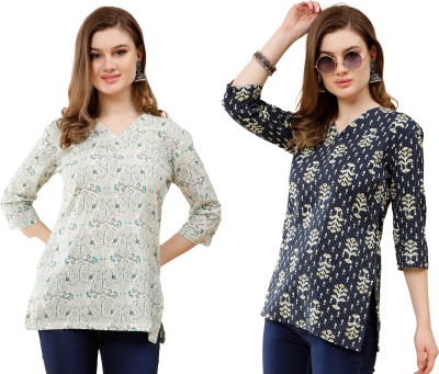 Datalact Women Printed A-line Kurta(Dark Blue, White)