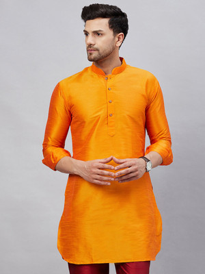 VM Men Self Design A-line Kurta(Orange)