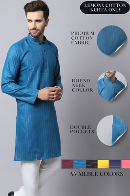 LEMONX Men Solid Straight Kurta(Blue)