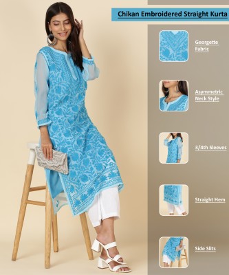 RANGAA NAWAAB Women Chikan Embroidery, Embroidered Straight Kurta(Light Blue)