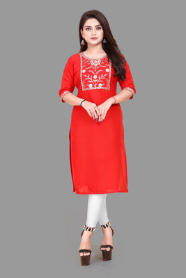 WOMENSILK Women Embroidered Straight Kurta(Red)