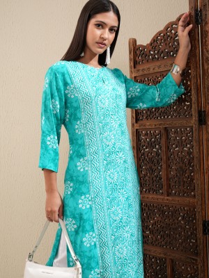 Vishudh Women Printed Straight Kurta(Green)