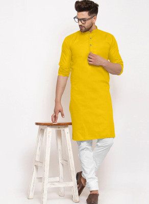 JENZEE Men Self Design Straight Kurta(Yellow)