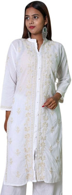 INDICRAFT Women Chikan Embroidery Frontslit Kurta(Beige, White)