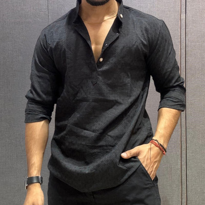 YG BHALIYA Men Self Design Straight Kurta(Black)