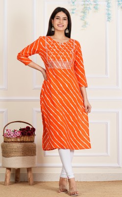 bodhaa Women Leheriya, Embroidered Straight Kurta(Orange)