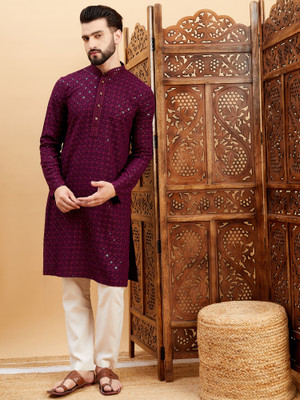 HERE&NOW Men Embroidered Straight Kurta(Purple)