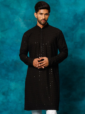 VM Men Embellished A-line Kurta(Black)
