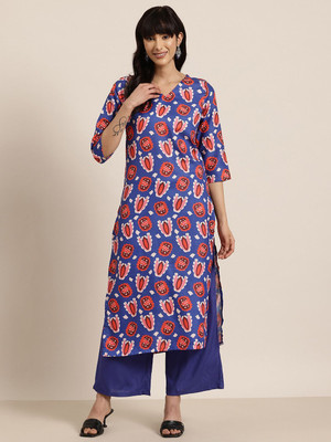 HERE&NOW Women Floral Print A-line Kurta(Blue)