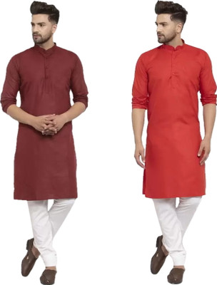 ANIRAV Men Solid Straight Kurta(Red, Brown)