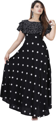 AO services Women Printed Flared Kurta(Black)