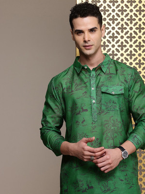 House of Pataudi Men Printed Straight Kurta(Green)
