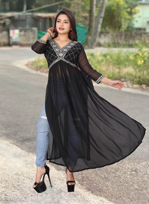 fivaniyo trends Women Embroidered A-line Kurta(Black)