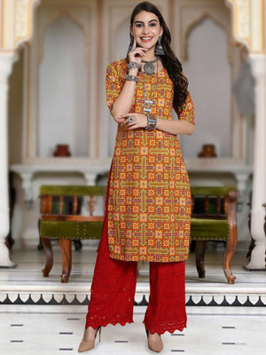 Moda Rapido Men Floral Print Straight Kurta(Yellow)