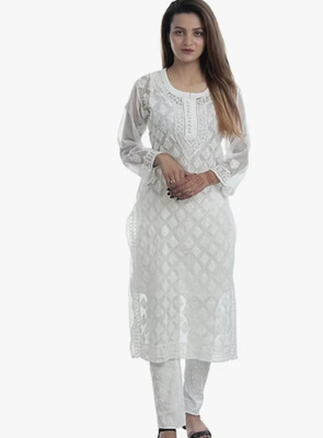 Handwork Chikankari Women Chikan Embroidery A-line Kurta(White)
