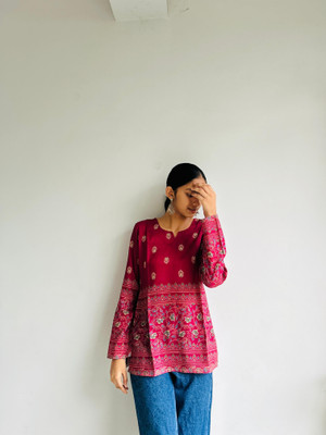 ERF Women Printed, Floral Print A-line Kurta(Maroon)