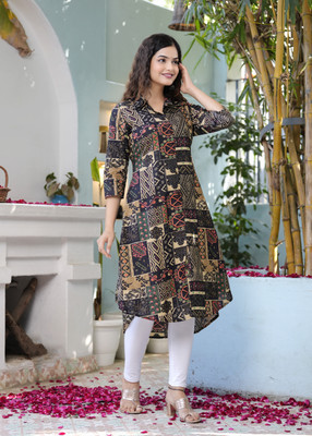 AASHLEY Women Printed A-line Kurta(Black)