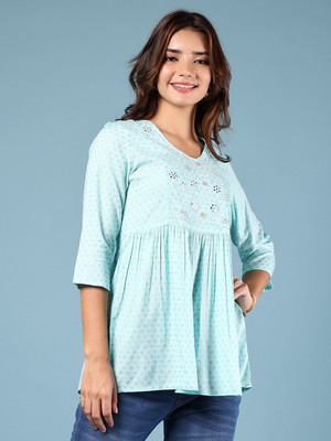 V-MART Women Self Design A-line Kurta(Blue)