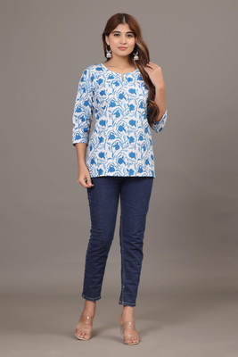 AAITHAN Women Printed Straight Kurta(White, Blue)