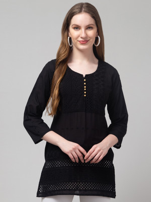 DIAMOND RUBY Women Chikan Embroidery A-line Kurta(Black)