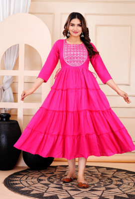 Pappugarments Women Embroidered Gown Kurta(Pink)