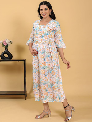 RITIJYA Women Floral Print Ethnic Dress Kurta(White)