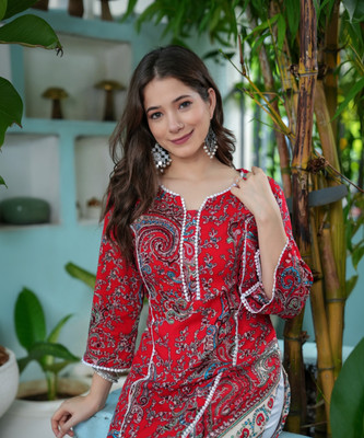 KJFAB Women Printed Straight Kurta(Red)