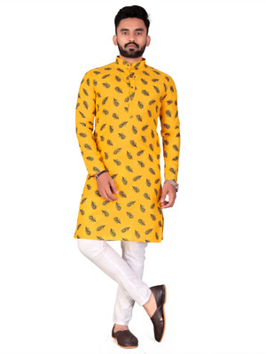 Svatantra Men Printed Straight Kurta(Yellow)