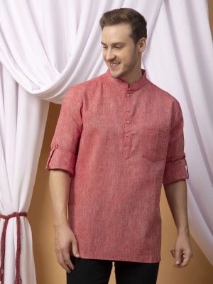 Hangup Men Woven Design A-line Kurta(Red)