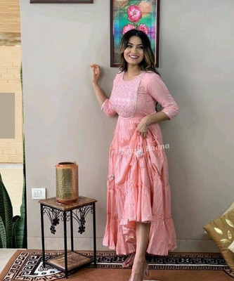 CHARVI CREATION Women Embroidered Flared Kurta(Pink)