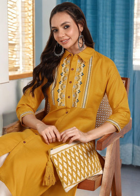 Ladylaz Women Embroidered Straight Kurta(Yellow)