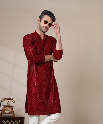 ADHIRAJAN Men Chikan Embroidery Straight Kurta(Maroon)